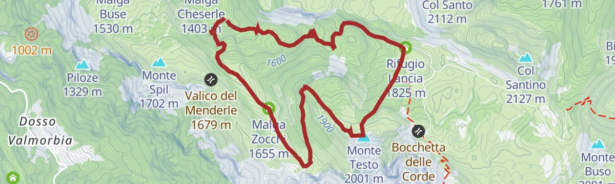 Route map: From Pian del Keserle to Rifugio Lancia passing from Malga Zocchi